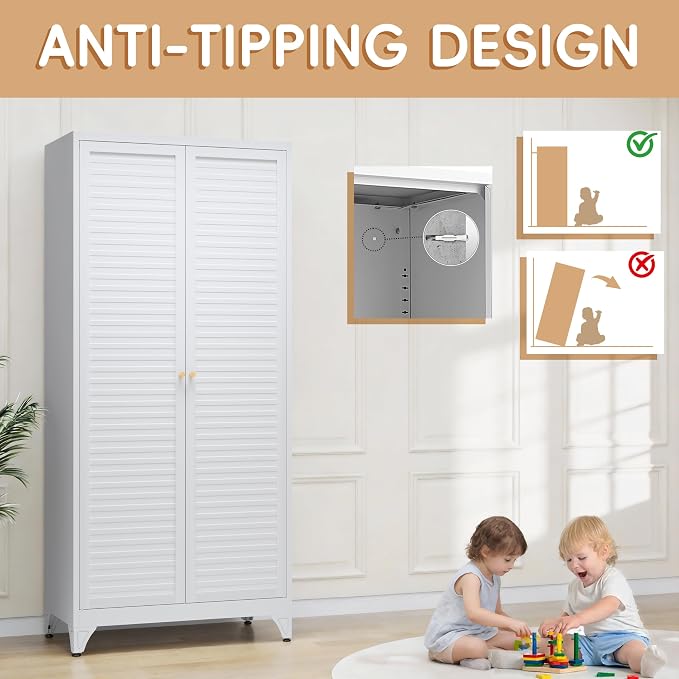 SteeLoong 71" Metal Wardrobe Cabinet with Hanging Rod, Armoire Wardrobe Closet with Doors and Adjustable Shelves, Whiet Clothing Storage Cabinets for Bedroom Office,School,Hospital