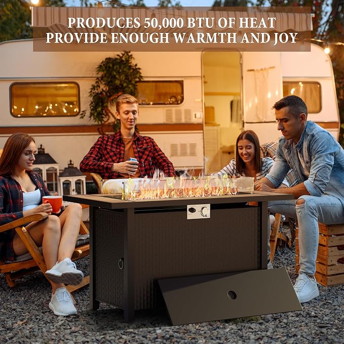 45 inch Propane Fire Pit Table, 50,000 BTU Outdoor Gas Fire Pit Table with Lid, Glass Wind Guard, Waterproof Cover, Rectangle Gas Firepit Table for Garden/Patio(Walunt)