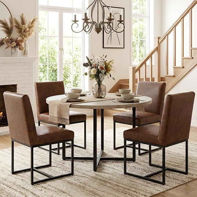 VESCASA Faux Leather Upholstered Dining Chairs with Black Metal Frame, Mid Century Modern Padded Kitchen Chair with Adjustable Foot Pads for Restaurant, Dining Room, Set of 6, Brown