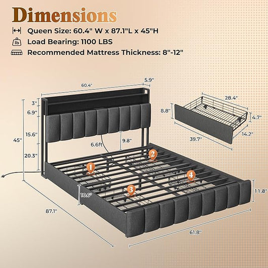 PRAISUN Bed Frame Queen Size with Upholstered Headboard & Charging Station, Queen Bed Frame with 4 Storage Drawers, 2-Tier Open Shelves, No Box Spring Needed, Slient Foam Strip, Easy Assembly, Grey
