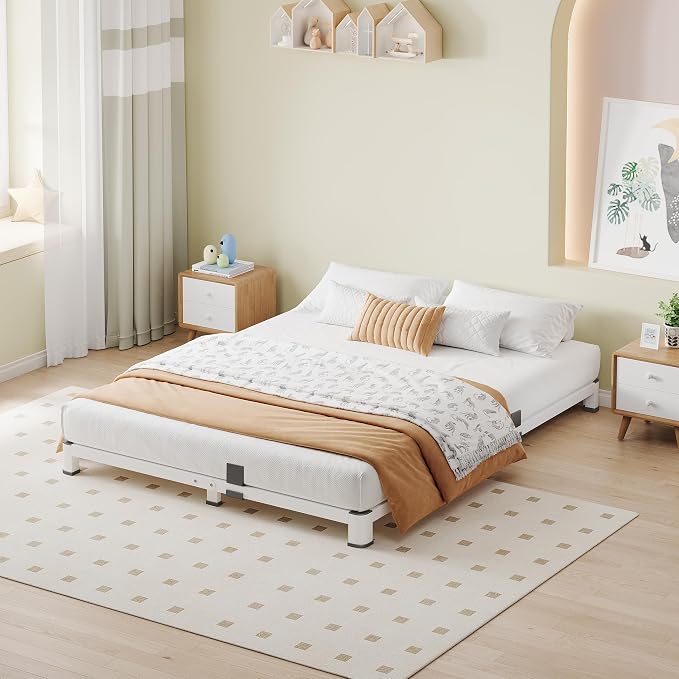 NKZ Queen Platform Bed Frame 4 Inch, Heavy Duty Metal Low Profile Bed Frame with Round Corner Legs, 3500lbs Weight Capacity Reinforced Frame, No Box Spring Needed,Noise-Free, Easy Assembly