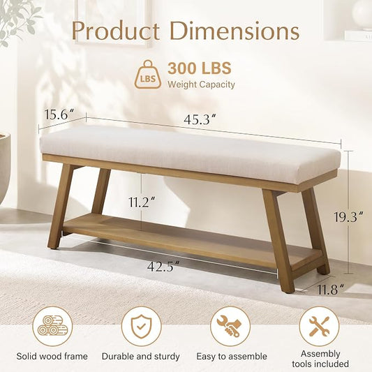 Zihanhome 45" Entryway Bench Upholstered Storage Bench for Bedroom Shoe Rack Bench for Living Room, Hallway, Mudroom, Balcony, Sturdy Indoor Bench Seat Holds Up to 300 lbs (Beige)