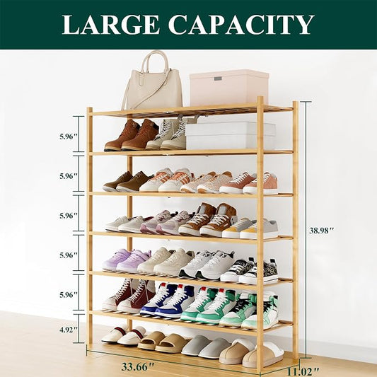 Smiry Long Bamboo Shoe Rack, 6 Tier Free Standing Wooden Shoe Organizer, Stackable Wood Shoe Storage Shelf for Closet, Entryway, 12 Vertical Slats, 2+2+2 Stack Standard Legs, 33.7"x11"x39", Natural