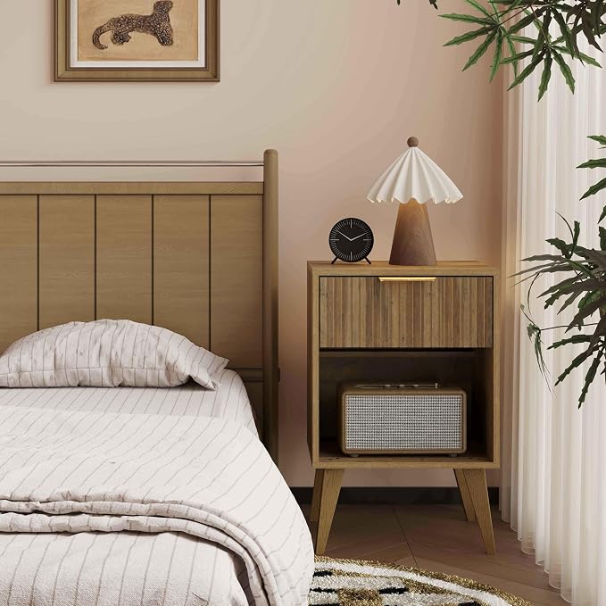 YAUKOMEL Fluted Night Stand with Opening Storage,Mid Century Bedside Table with Drawer,Wood Nightstand with Legs,End Table Side Table for Living Room,Bedroom,Caramel Oak 11.8"Dx15.7Wx 25.2"H CTG56BR