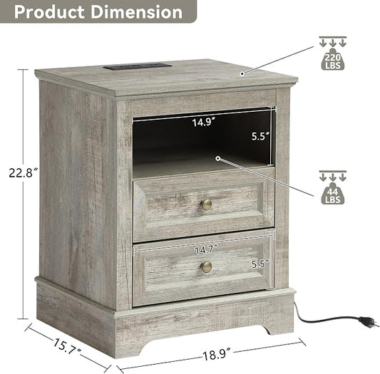 LOUVIXA Farmhouse Bedroom Sets of 4, Including 9 Drawer Dresser, 5 Drawer Dressers and Nightstand Set of 2 with Charging Station (Grey Sets, 3 Pieces-9 Drawer Dresser+2 Nightstand)