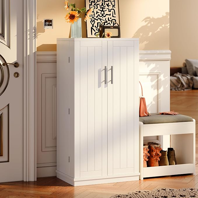 SUNLEI 47" Kitchen Pantry Storage Cabinet, Modern Freestanding Pantry Storage Cabinet with Adjustable Shelves, Buffet Cupboards Storage for Kitchen, Dining Room, White