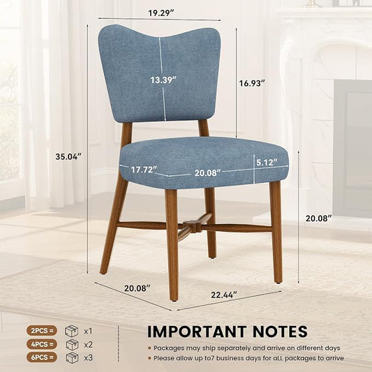 Mid Century Dining Chairs Set of 4, Linen Seat, Wood Legs, Blue | Farmhouse, Upholstered Padded Cushion, Solid Wood Cross-Brace, Easy 15-Min Assembly, Kitchen Dining Room
