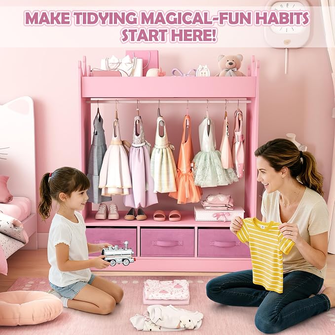 COSVALVE Kids Dress Up Storage with Mirror and Drawers, Kid Armoire Dresser, Pretend Storage Closet for Kids, Costume Wardrobe with Top Shelf for Playroom Bedroom, Lovely Pink