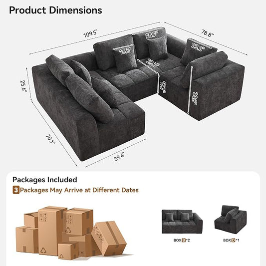 110''Modular Sectional Couches for Living Room, Cloud Boneless Compressed Sectional Sofa, Oversized U Shaped 5 Seater Upholstered Memory Foam Sofa, No Assembly, Chenille Grey