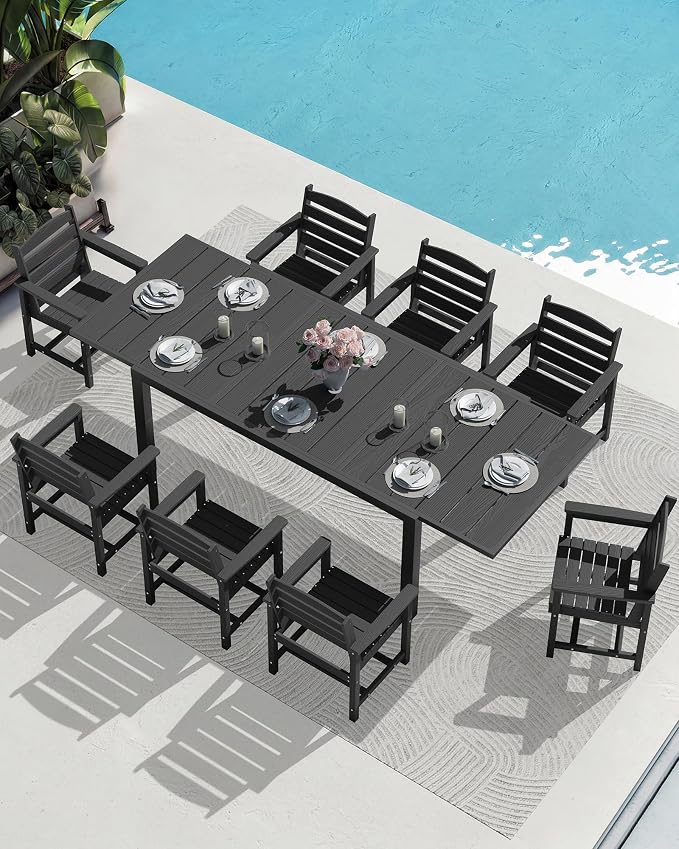 SERWALL 10-Piece Patio Dining Sets with 15FT Patio Umbrella, Black | 60" - 83" Expandable Outdoor Dining Table and 8 HDPE Chairs, All Weather HDPE Outdoor Furniture Set