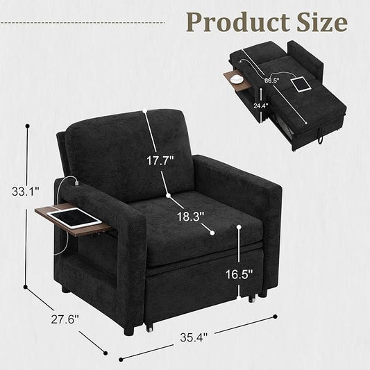 3 in 1 Folding Convertible Sleeper Sofa Bed Pull Out Couch with Side Pockets USB Port Side Table Single Sofa Bed with Adjustable Backrest for Living Room Bedroom 66" Black 1 SEAT