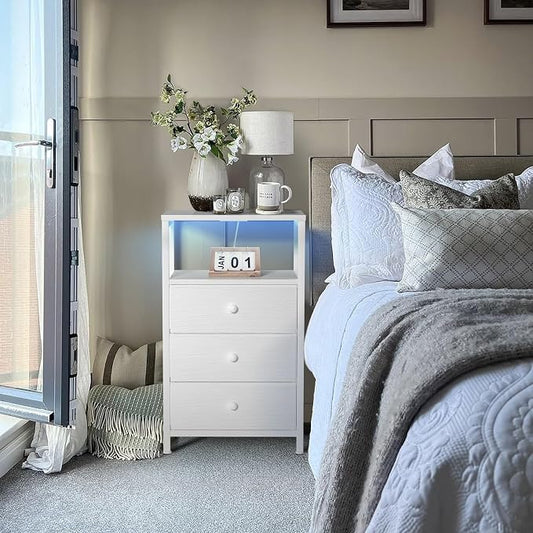 BOLUO White Night Stand with 3 Fabric Drawers, Nightstand with Charging Station LED Nightstand for Bedroom, Bedside Table with USB Ports and Outlets Modern