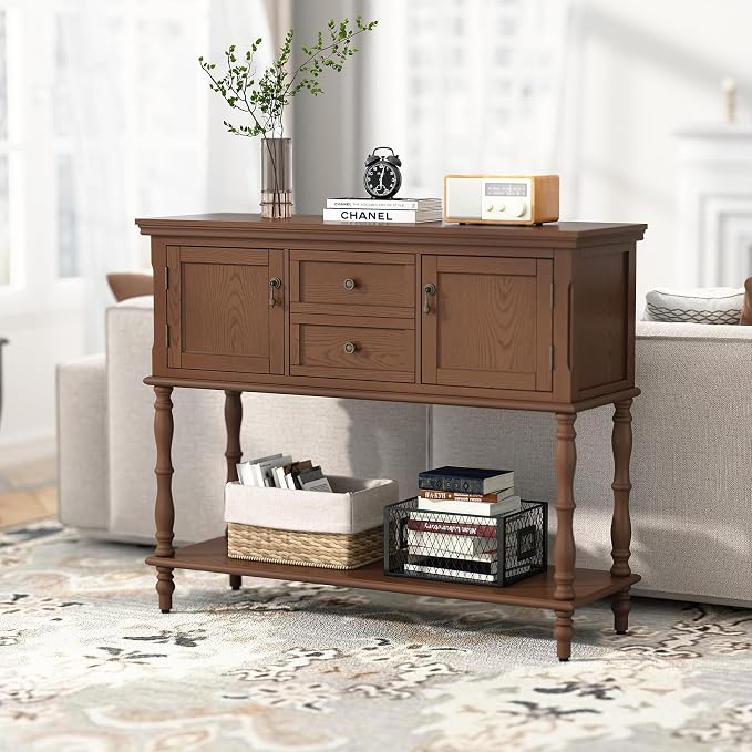 ARTPOWER Console Table for Entryway, Retro Wooden Table with Storage, 2 Doors & Drawers and Open Shelf, Behind Couch Sofa Table for Living Room, Foyer, Hallway, Brown