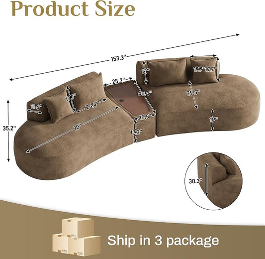 153.3" Oversized Curved Sectional Sofa, Luxury Chenille Cloud Couch for Living Room, Large Modern Modular Deep Seat Sofa with Movable Coffee Table & USB, No Assembly Needed, Brown