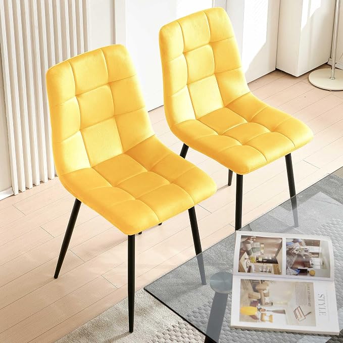 NORDICANA Yellow Velvet Dining Chairs Set of 4, Upholstered Tufted Kitchen Chairs, Comfortable Seat, Metal Leg, Easy Assembly