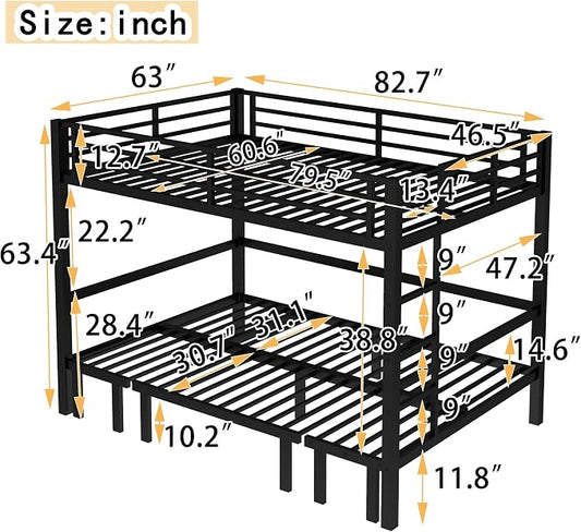Bellemave Queen Over Queen Futon bunk Bed, Lower bunk can be Pulled Out in Three Sections, Loft Bed with Sofa for Teens, Adults, Bedroom, Black(Excluding Cushions and mattresses)