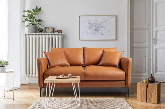Valencia Jasper Cognac Tan Brown 60" Loveseat Full Leather Couch | Mid Century Leather Sofa with 2 Pillows for Living Room Furniture | Plush Cushions, Nappa Leather Lounge Couch