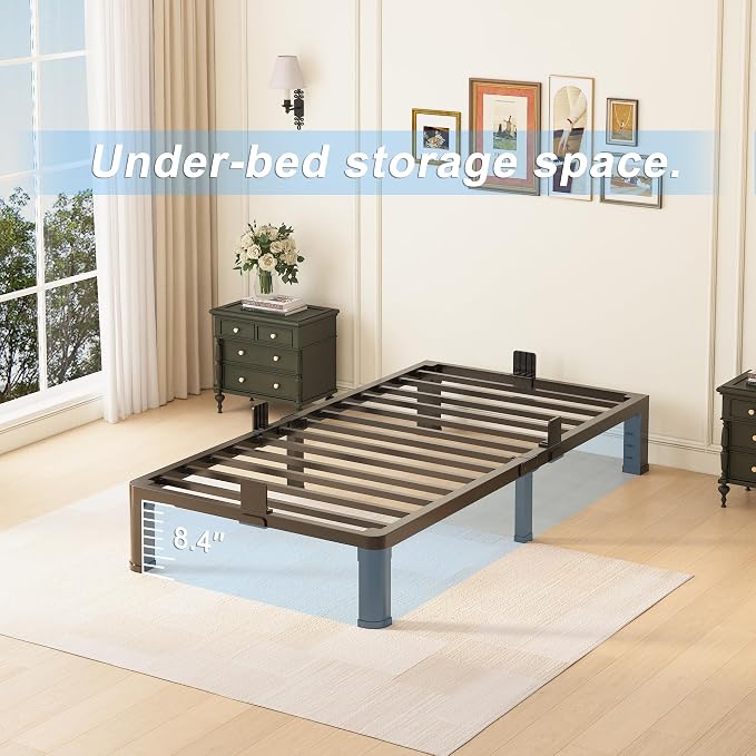 Yitong Angel 10 inch Twin Bed Frame with Rounded Corner Legs and Headboard Hole Mattress Slide Stopper Low Profile Heavy Duty Support Metal Platform,No Box Spring Needed,Noise Free,Easy Assembly
