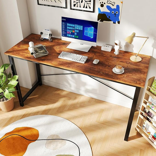 DUMOS 55 Inch Computer Office Desk Writing Gaming Study Work Large Desks for Bedroom Home Office with Metal Frame Simple Modern PC Table Workstation, Wood Brown