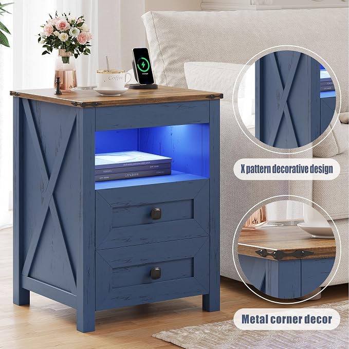 TAGELIER Night Stand Set 2 with Gun Drawer, Farmhouse Bedside Table with Charging Station, Gun Nightstand with LED Light & Human Sensor, Smart End Table for Bedroom, Blue