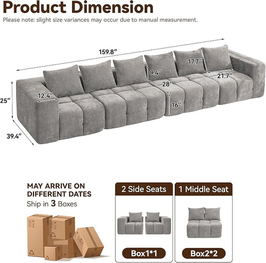 160" Oversized 6 Seater Boneless Couch, Comfy Cloud Modular Sectional Sofa with Deep Seat, Modern Boneless Memory Foam Couches for Living Room, Tufted Sofa, No Assembly Required, Light Grey