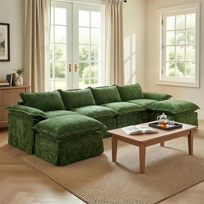 Claiks 157" Modular Boneless Couch, U Shaped Couch for Living Room, Modern Deep Seat Sofa 4 Seater Chenille Fabric Comfy Cloud Couches with Movable Ottoman, Dark Green
