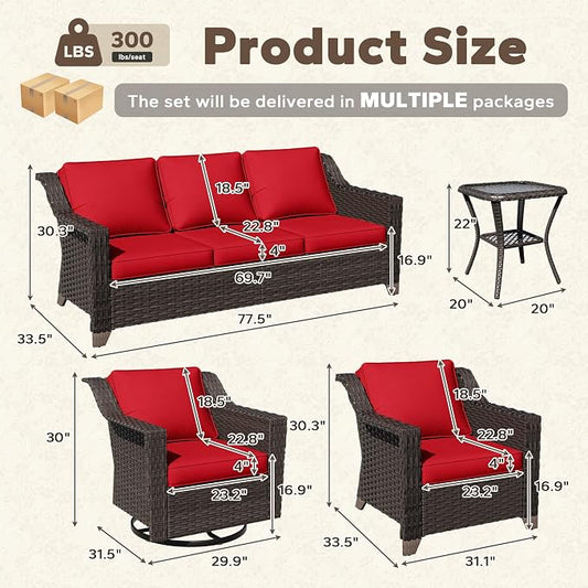 6 Pieces Patio Conversation Furniture Set - 1 Sofa, 2 Swivel Chairs, 2 Armchairs, 1 Side Table, Outdoor Wicker Furniture with Removable Cushions for Porch, Balcony, Sunroom (Red)