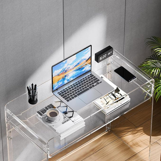 VEVOR Acrylic Desk, Clear Laptop Study Desk with Storage Shelf, Modern Transparent Console Table for Home Office, Living Room, Bedroom, Entryway, 33.5" W x 15.7" D x 29.5" H