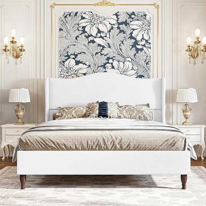 koorlian Full Size Bed Frame with 51" Tall Headboard, Fully Upholstered Platform Bed Frame with with Soft Fabric, Sleigh Wingback, Solid Wood Retro Legs, Modern Minimalist Style, Easy Assembly, White