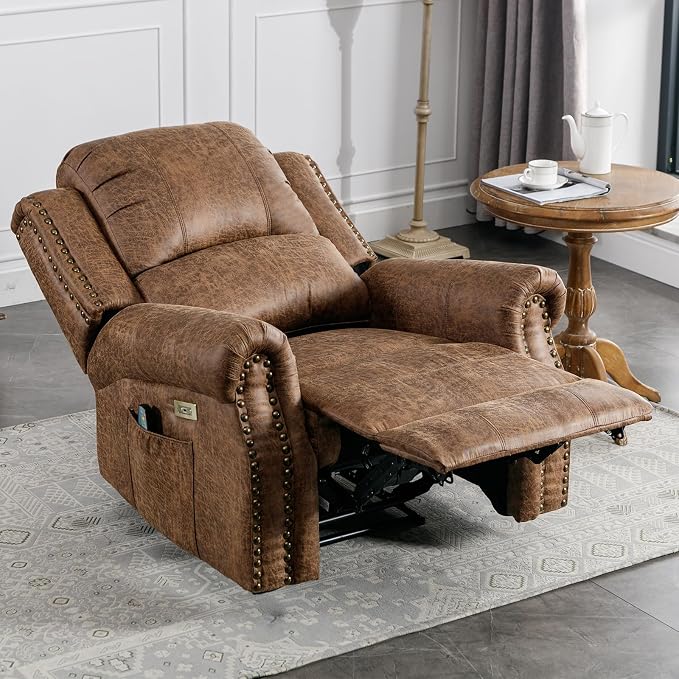 HAOMARKETS Classic Power Recliner Chair with Massage and Heat, Breathable Faux Leather Electric Recliner with USB&Type-C Port, Overstuffed Reclining Sofa with Rivets for Living Room, Brown