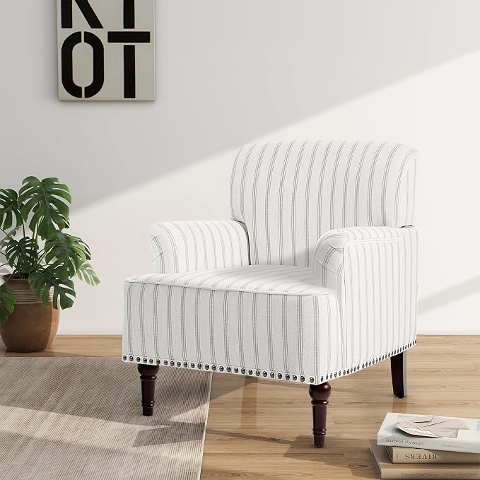 Accent Chair, Mid Century Modern Comfy Armchair for Living Room, Linen Fabric Single Sofa Lounge for Reading Bedroom Apartment Waiting Room with Wood Legs (Pinstripe Grey, Set of 2)