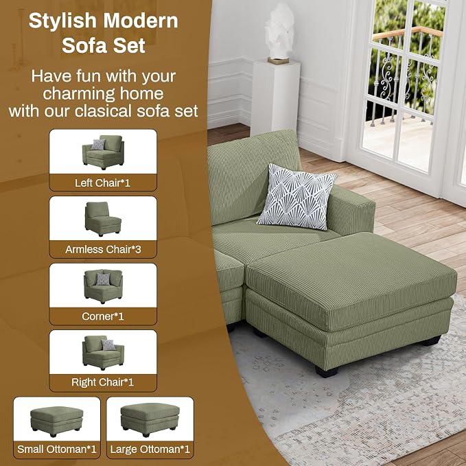 Legend Vansen Oversized Modular Sectional Sofa,8 Seat U Shaped Couch with Ottoman,Corduroy Sofa with Deep Seat,Convertible Large Sectional Couches for Living Room(Olive, U-8)