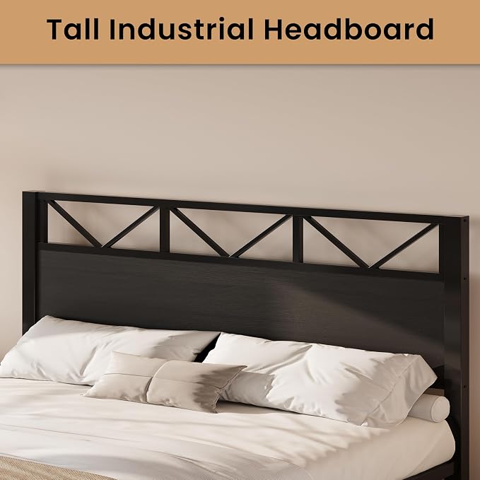 LIKIMIO King Bed Frame, Tall Industrial Headboard 51.2 ", Platform Bed Frame with Strong Metal Support, Solid and Stable, Noise Free, No Box Spring Needed, Easy Assembly, Black