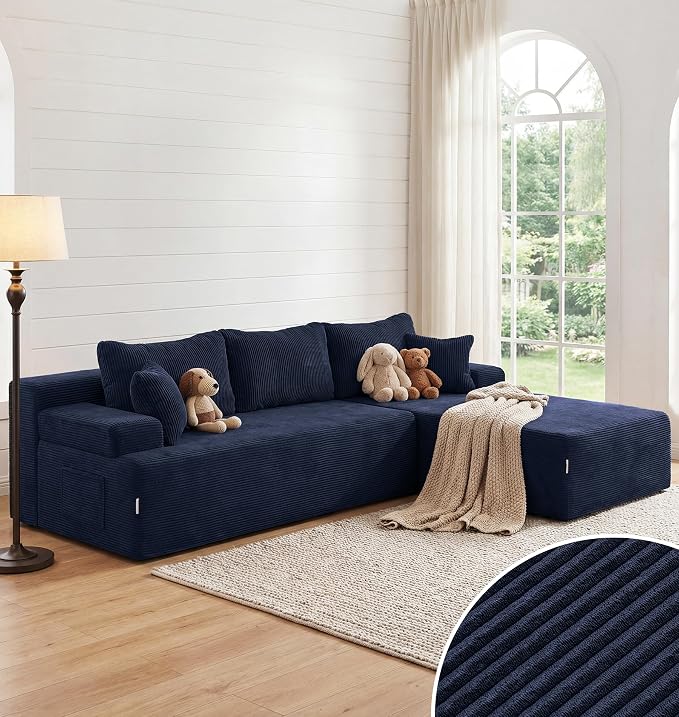 Hobestluk Modular Sectional Sofa Couches L-Shape Couch 3 Seat Modular Sofa Memory Foam Sectional Couches for Living Room, Cloud Couch with Oversized Chaise (Blue Corduroy, 108", Right Hand Facing)