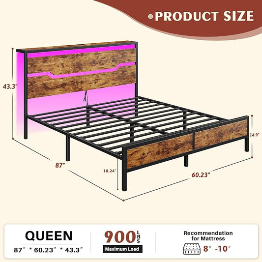 Homkdom Queen Bed Frame with USB Ports & LED Lights, Headboard Shelf, Heavy Duty Metal Platform with 10.24" Underbed Storage, Noise-Free Slats, No Box Spring Needed, Modern Brown