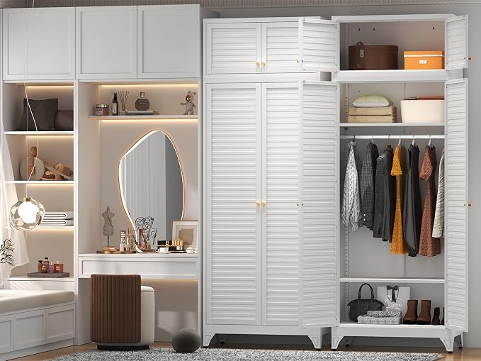 Polup Metal Armoire Wardrobe Closet, 86" Tall Wardrobe Armoire with Hanging Rod, Almirah for Clothes with Doors, 18" D x 32" W x 86" H, White, Assemble Required, Shipped in Two Packages