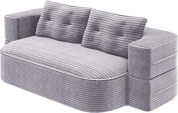 78.7" Futon Sofa Bed, 2-in-1 Foldable Sleeper Sofa, Convertible Floor Couch with Pillows, Corduroy Couch with Multi Functional Blanket Upholstered Boneless Couches for Living Room, Light Gray