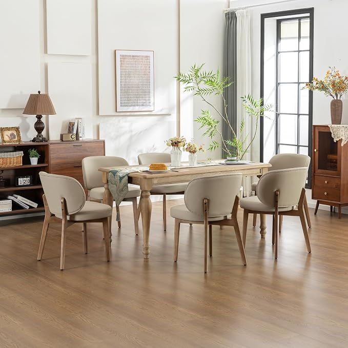 YOUNIKE Dining Chairs Set of 3 Kitchen Dining Room Chairs Modern Khaki | Faux Leather Upholstered Armless Side Accent Chair with Back 20.1" Wide Padded Seat Wooden Legs for Living Room Bedroom