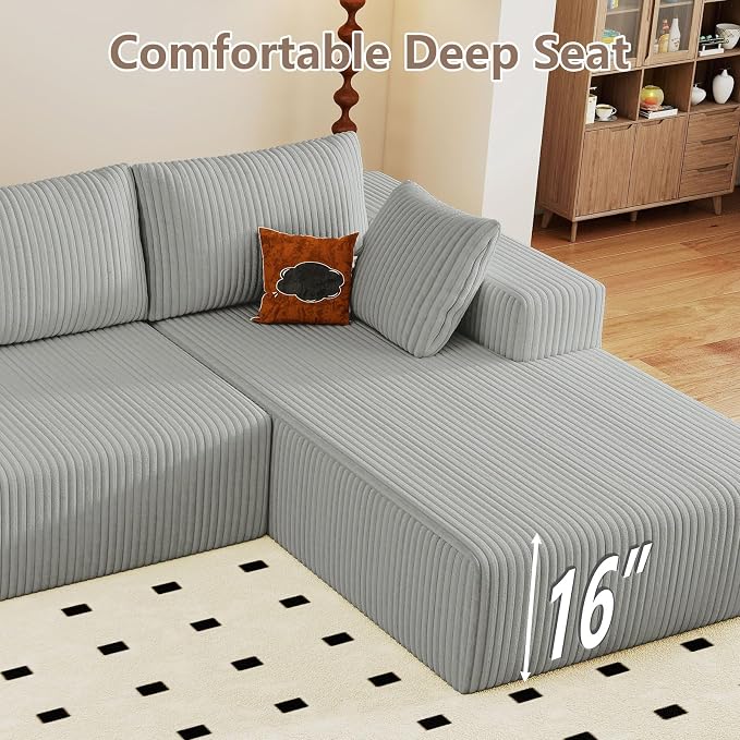 95" Cloud Sectional Couch U-Shaped Chaise with Ottoman, Corduroy Boneless Couch for Living Room Bedroom, Deep-Seat Upholstered Modular Cloud Sofa, No Assembly Required (Light Grey,Right Facing Chaise)