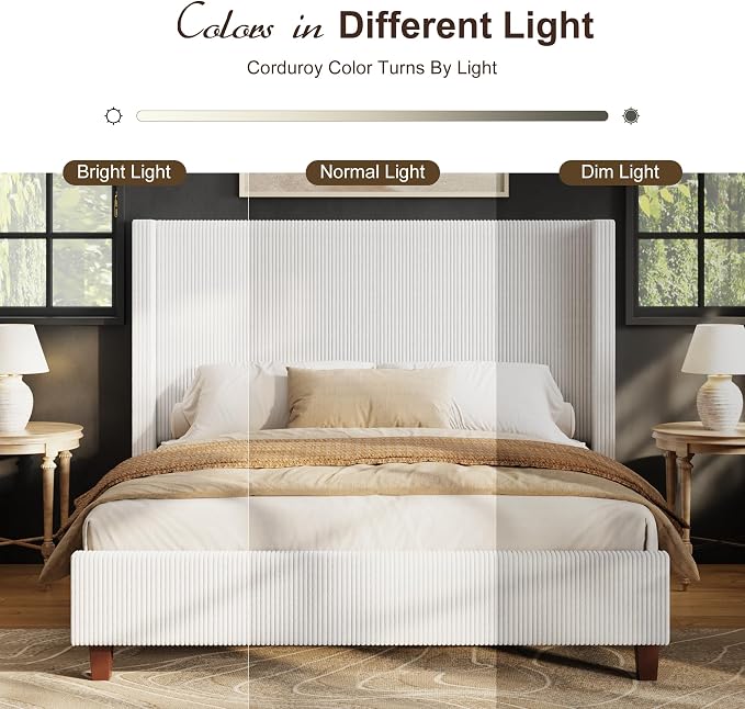 HOWE California King Size Bed Frame with Corduroy Wingback Headboard, White | Modern Upholstered Platform Bed, 50.8 Inch Tall Profile, Solid Wood Slats, No Box Spring Needed, Noise-Reducing Designrt
