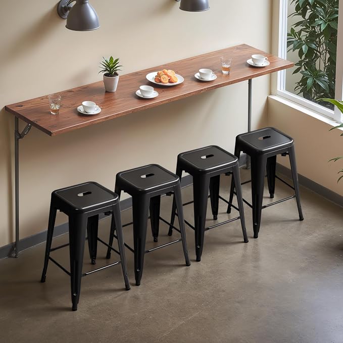 Furmax 24 Inch Metal Bar Stools Set of 4, Counter Height Bar Stools Height High Backless Stools Industrial Stackable Bar Chairs for Dining Room Kitchen Indoor Outdoor Stools Bar Chairs (Black)
