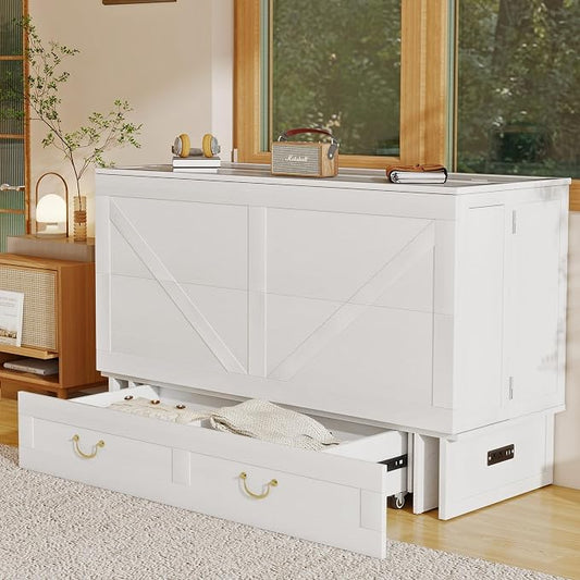 Solid Wood Murphy Bed Cabinet:Queen Size Murphy Bed with USB Charging Station and Large Storage Drawer for Home,Optimize Sleeping Space(Mattress Not Included) White Brown-14