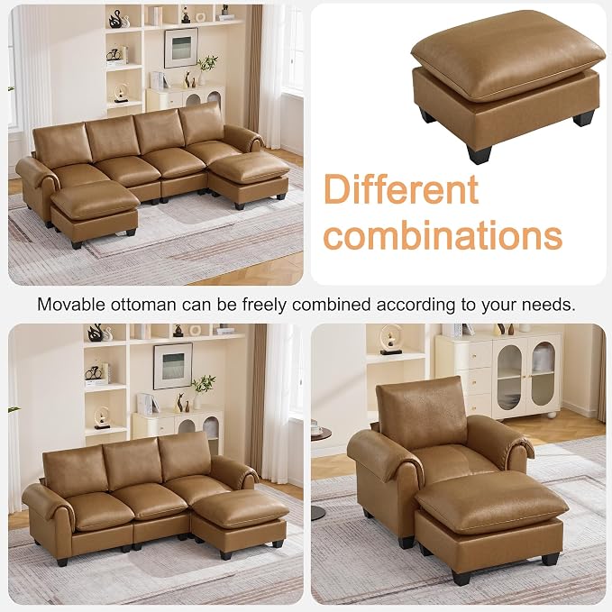 118" Faux Leather Modular Sectional Sofa with 2 Ottoman, Oversized 4 Seater Couch with Curved Armrests, Cloud Modern U-Shaped Sofa Deep Seat for Living Room, Light Brown
