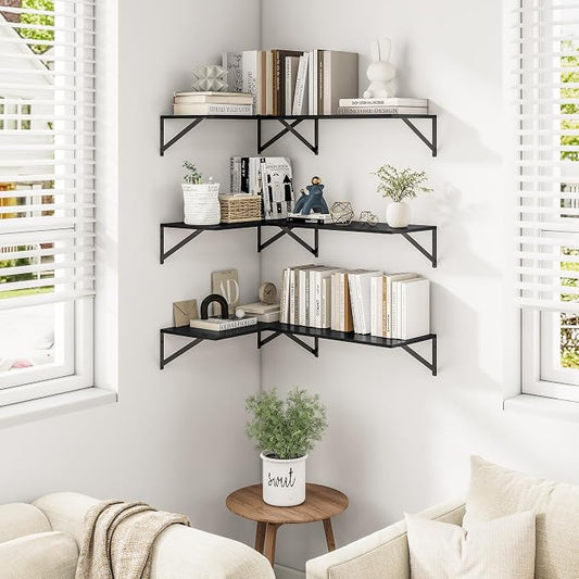 Heimlove Deep Floating Shelves for Wall, Wood Wall, Wide Floating Bookshelf for Living Room, Kitchen, Office, Bedroom and Decor Storage,Black with Metal Bracket, 24wx12dx5.8h, 3Shelves