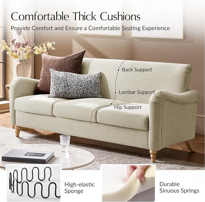 HULALA HOME Farmhouse Curved Couch with Solid Wood Spindle Legs, 3 Seater Sofa with Rolled Wide Armrests, Comfy Upholstered Sofa for Living Room Bedroom, Linen