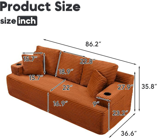 86.2'' Boneless Sofa Couch with Cup Holders & Side Pockets, Modern Corduroy Fabric Upholstered 3-seat Couch with 2 Throw Pillows for Living Room, Office, No Assembly (Orange)