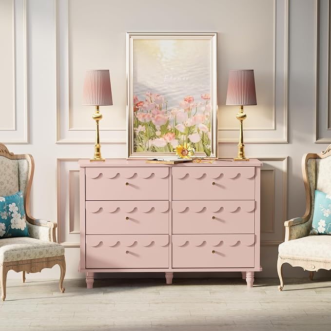Anbuy Bedroom Sets Scalloped 6 Drawer Dresser and Night Stand Sets for Bedroom, Two Drawers Nightstand & 6 Drawer Dresser Combo 2 Pieces (Pink)