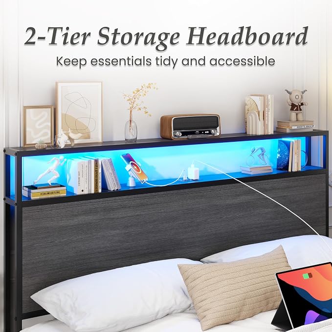 Lifezone Full Bed Frame with 2-Tier Storage Headboard, Metal Bed Frame with Storage Drawers & Built-in Charging Station & LED, Noise-Free, No Box Spring Needed, Easy Assembly, Rustic Grey