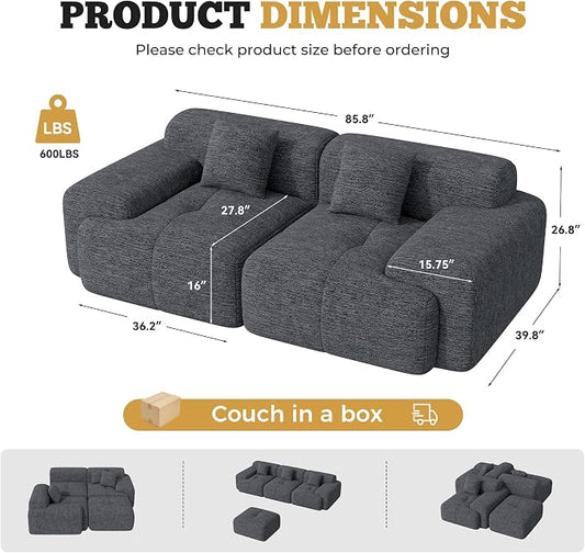 85" Cloud Loveseat Sofa in a Box, Modern Small Couch No Assembly Required, Comfy Deep Seat Boneless Couches for Living Room, Bedroom, Apartment, Grey-Black 1 PCS
