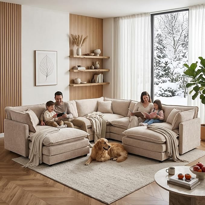 Oversized Modular Sectional Cloud Sofa: 114" V-Shaped Modular Cloud Couch, 7 Seater Comfy Couch with Ottomans and Pillows, Chenille Deep Seat Couch for Living Room,Bedroom,Apartment,Large Space,Camel